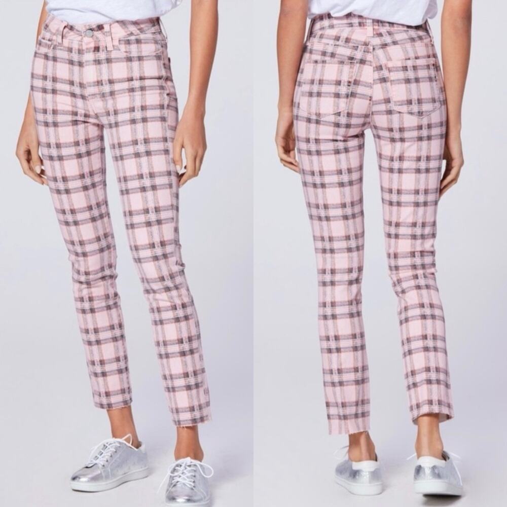 PAIGE Hoxton Bright Blush Tartan Plaid Slim Jeans 27 Raw Hem